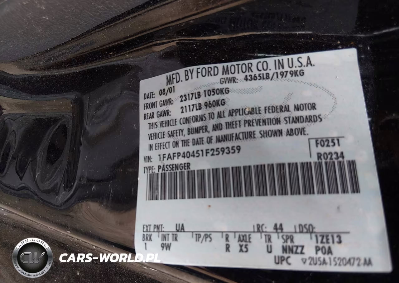2001 Ford Mustang VIN:1FAFP40451F259359 - 9