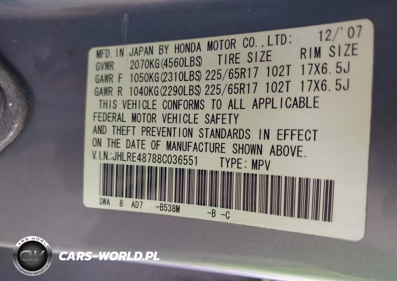 2008 Honda Cr-V Ex-L VIN:JHLRE48788C036551 - 9