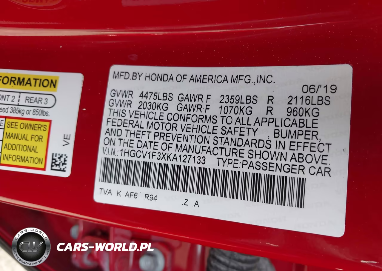 2019 Honda Accord Sport VIN:1HGCV1F3XKA127133 - 9