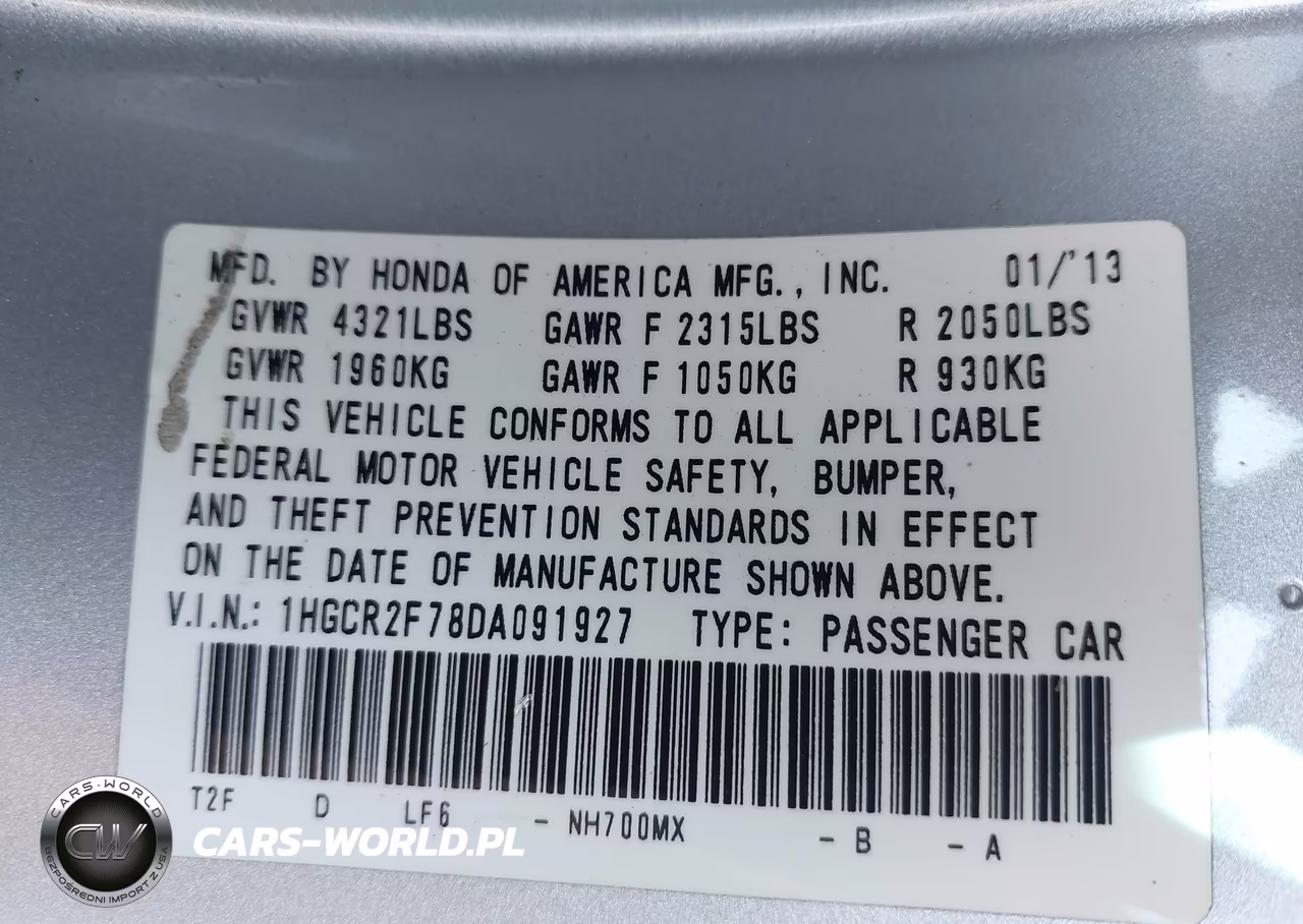 2013 Honda Accord Ex VIN:1HGCR2F78DA091927 - 9