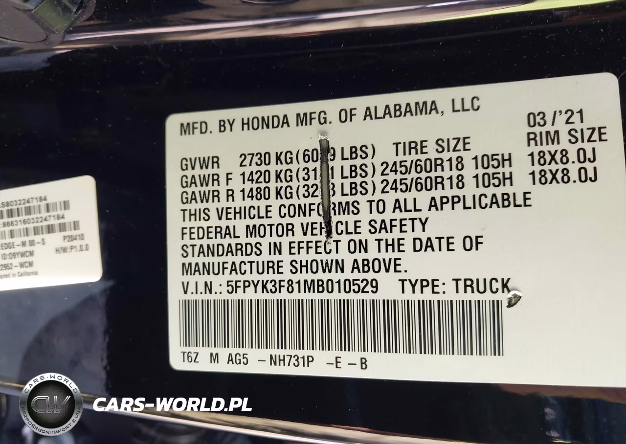 2021 Honda Ridgeline Black Edition VIN:5FPYK3F81MB010529 - 9