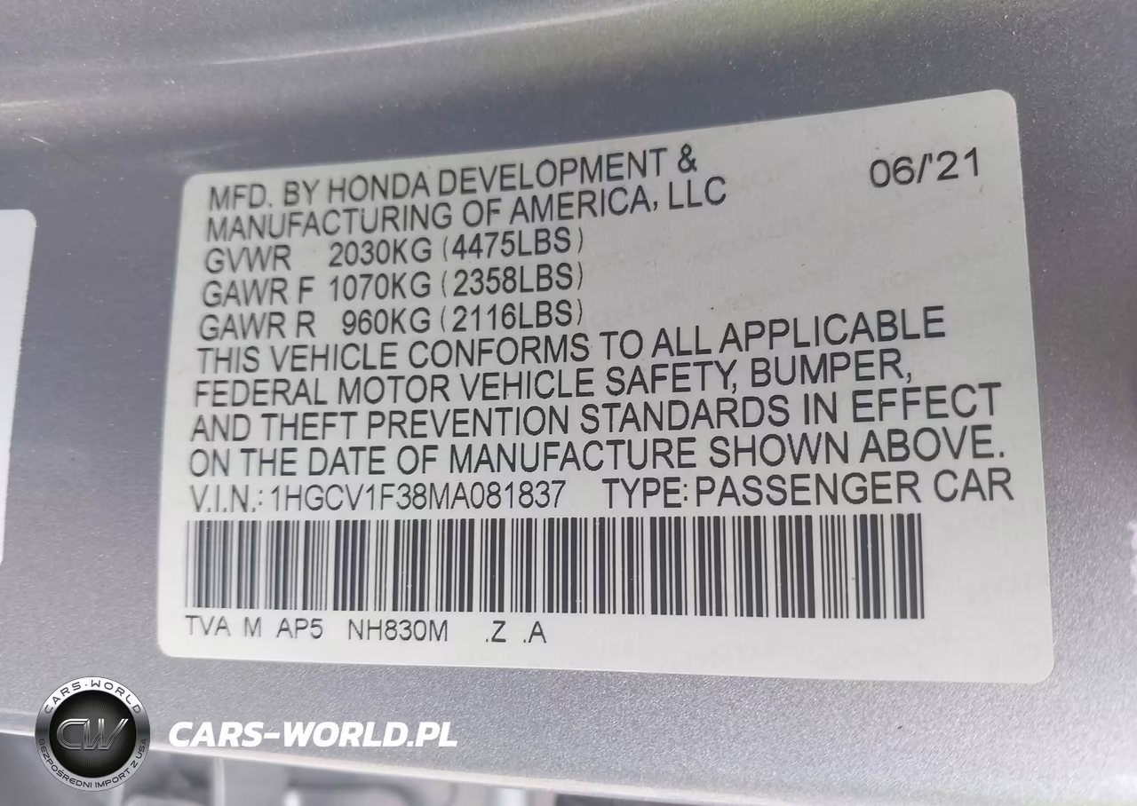 2021 Honda Accord Sport VIN:1HGCV1F38MA081837 - 9