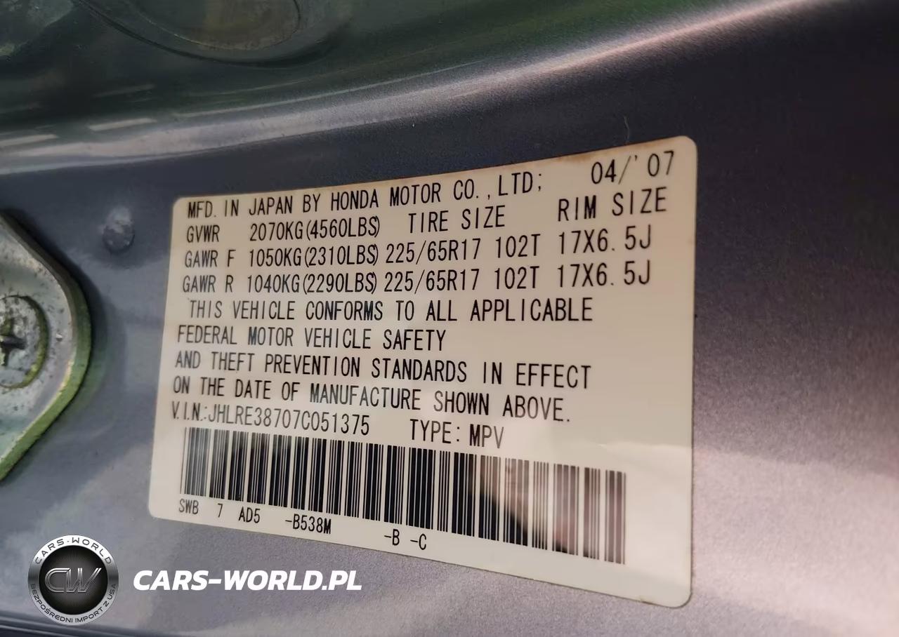 2007 Honda Cr-V Ex-L VIN:JHLRE38707C051375 - 9