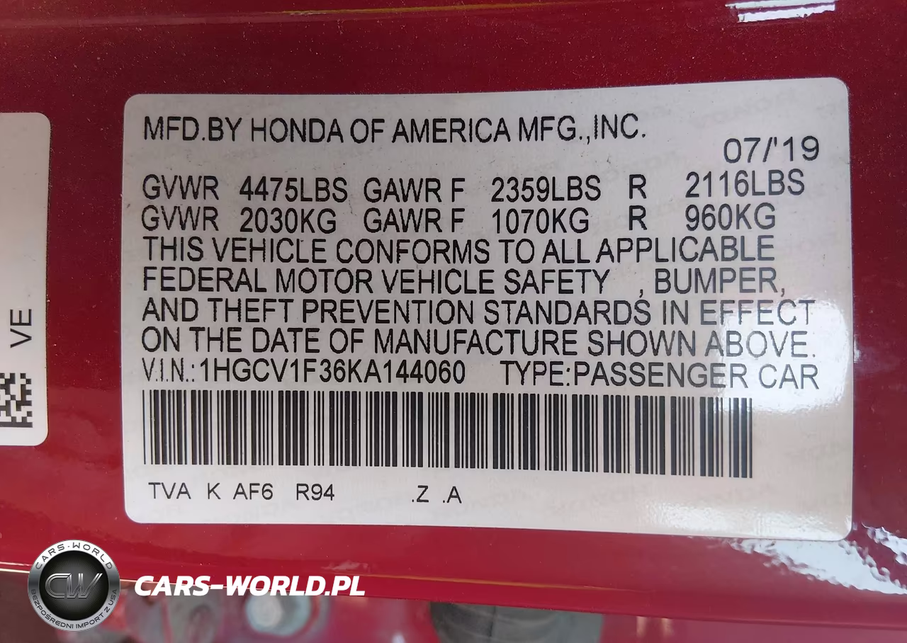 2019 Honda Accord Sport VIN:1HGCV1F36KA144060 - 9