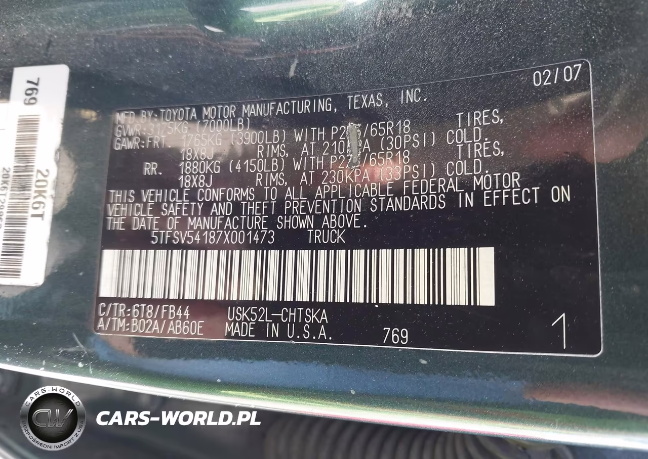 2007 Toyota Tundra Sr5 5.7L V8 VIN:5TFSV54187X001473 - 9