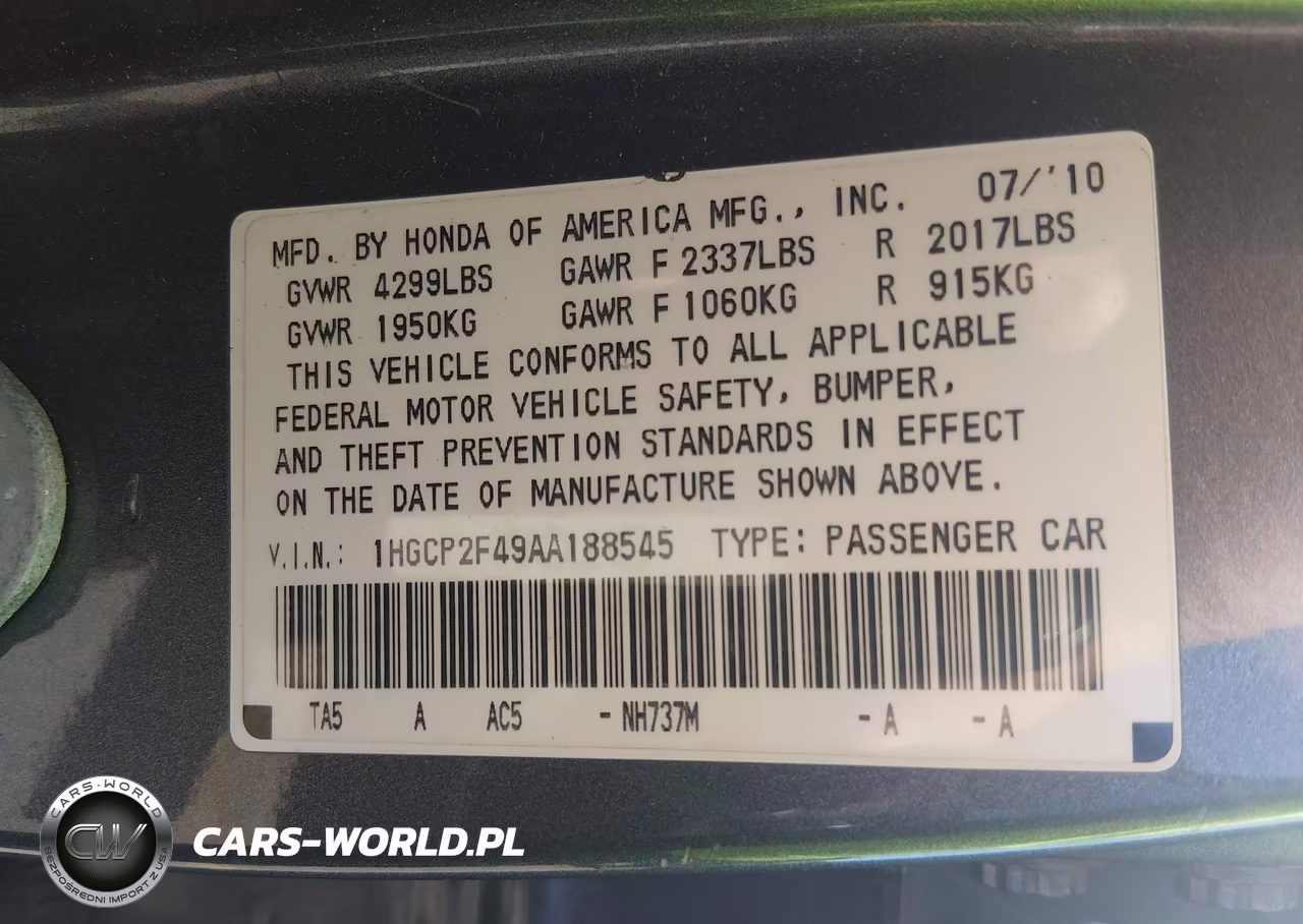 2010 Honda Accord 2.4 Lx-P VIN:1HGCP2F49AA188545 - 9