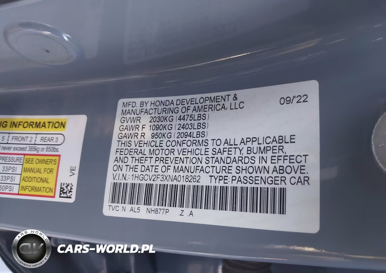 2022 Honda Accord Sport 2.0T VIN:1HGCV2F3XNA018262 - 9