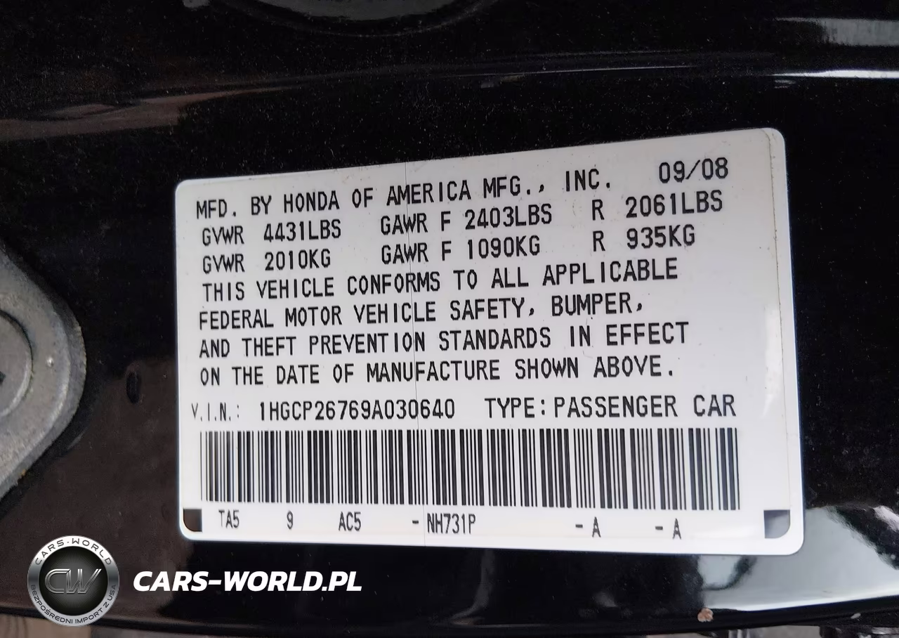 2009 Honda Accord 2.4 Ex VIN:1HGCP26769A030640 - 9