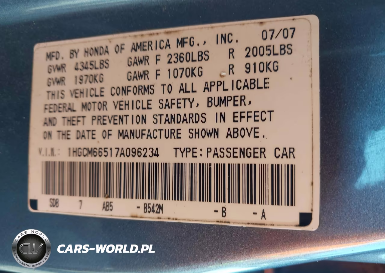 2007 Honda Accord 3.0 Ex VIN:1HGCM66517A096234 - 9