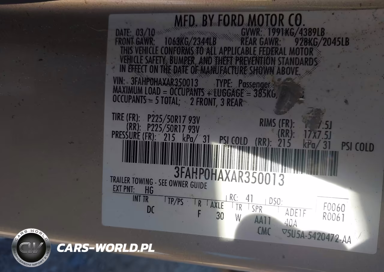 2010 Ford Fusion Se VIN:3FAHP0HAXAR350013 - 9