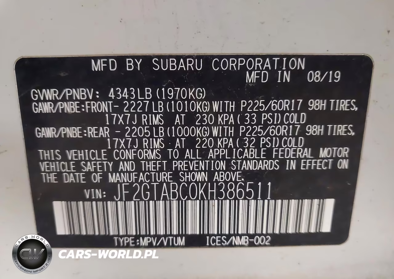 2019 Subaru Crosstrek 2.0I VIN:JF2GTABC0KH386511 - 9