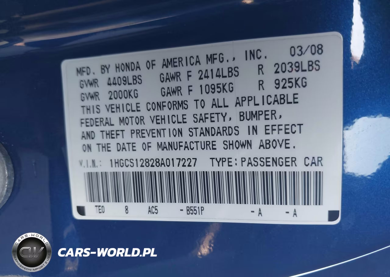 2008 Honda Accord 2.4 Ex-L VIN:1HGCS12828A017227 - 9