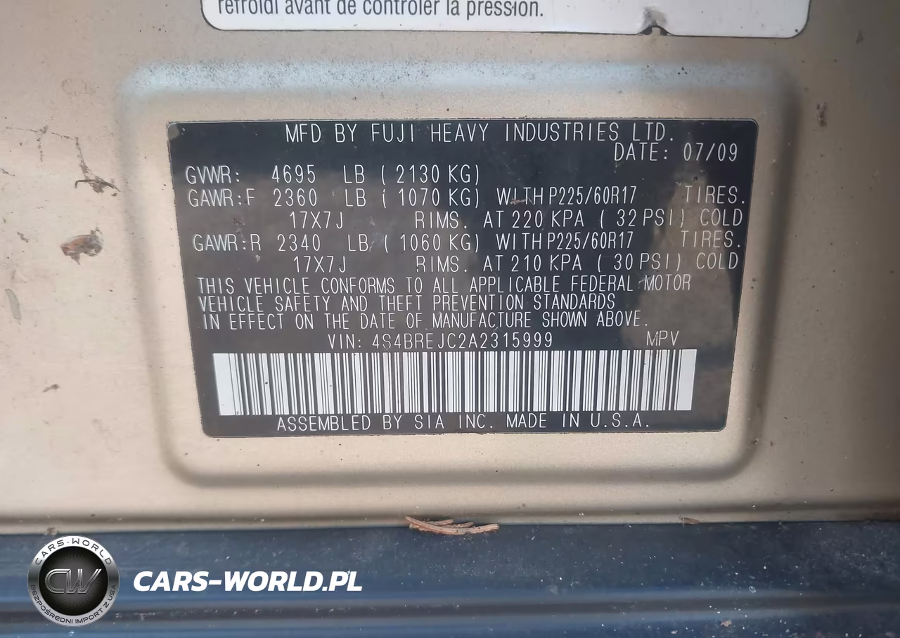 2010 Subaru Outback 3.6R Limited VIN:4S4BREJC2A2315999 - 9