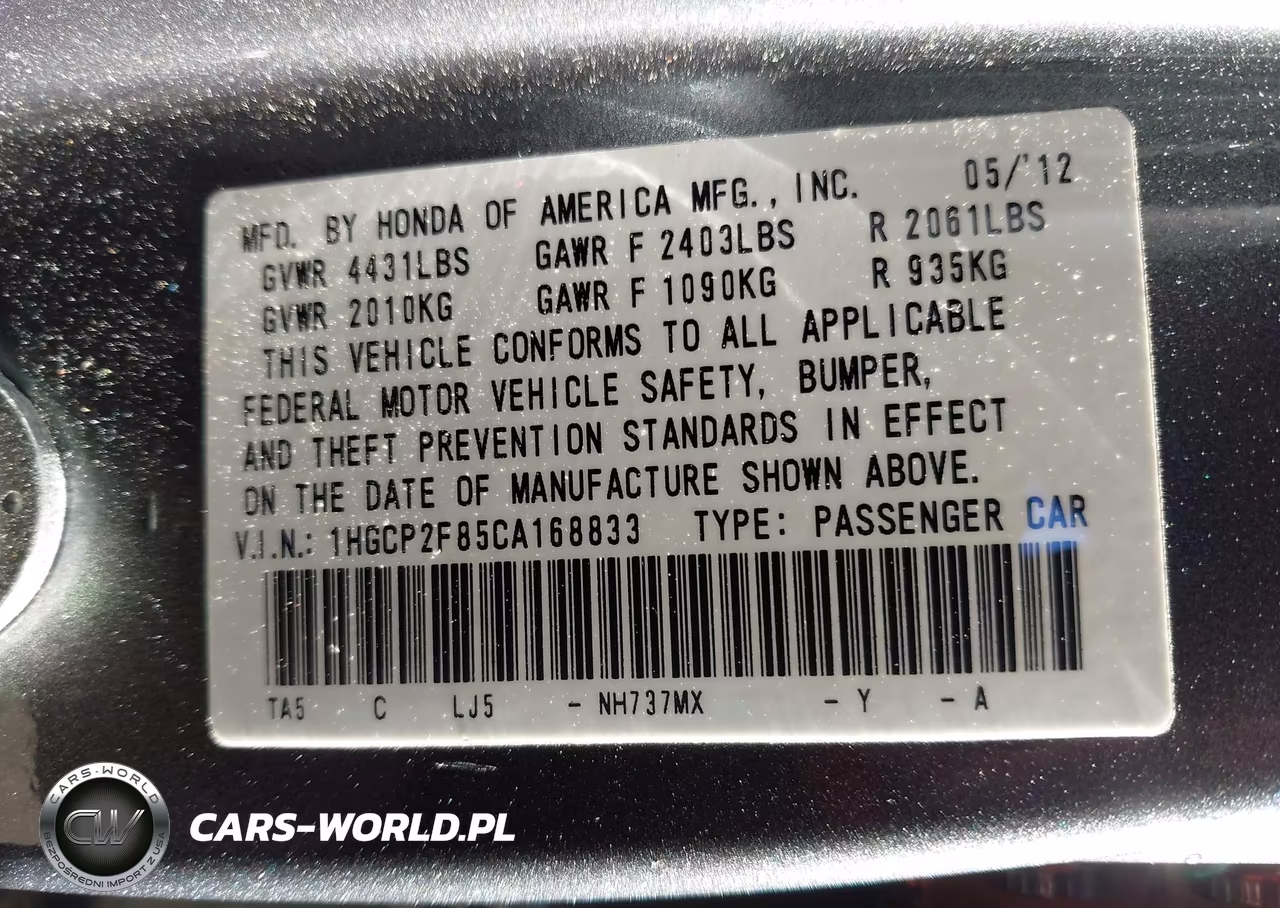 2012 Honda Accord Exl VIN:1HGCP2F85CA168833 - 9