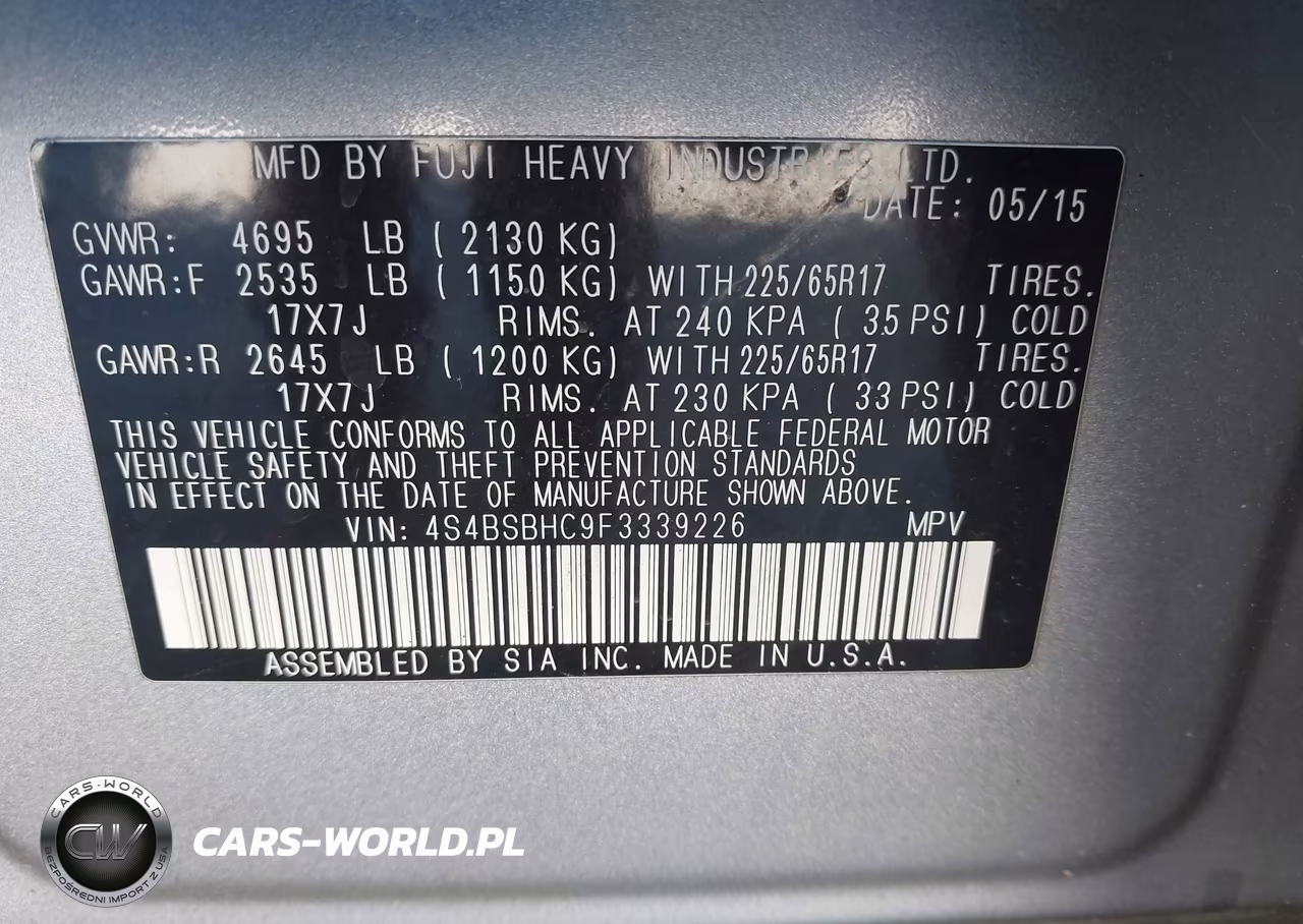 2015 Subaru Outback 2.5I Premium VIN:4S4BSBHC9F3339226 - 9