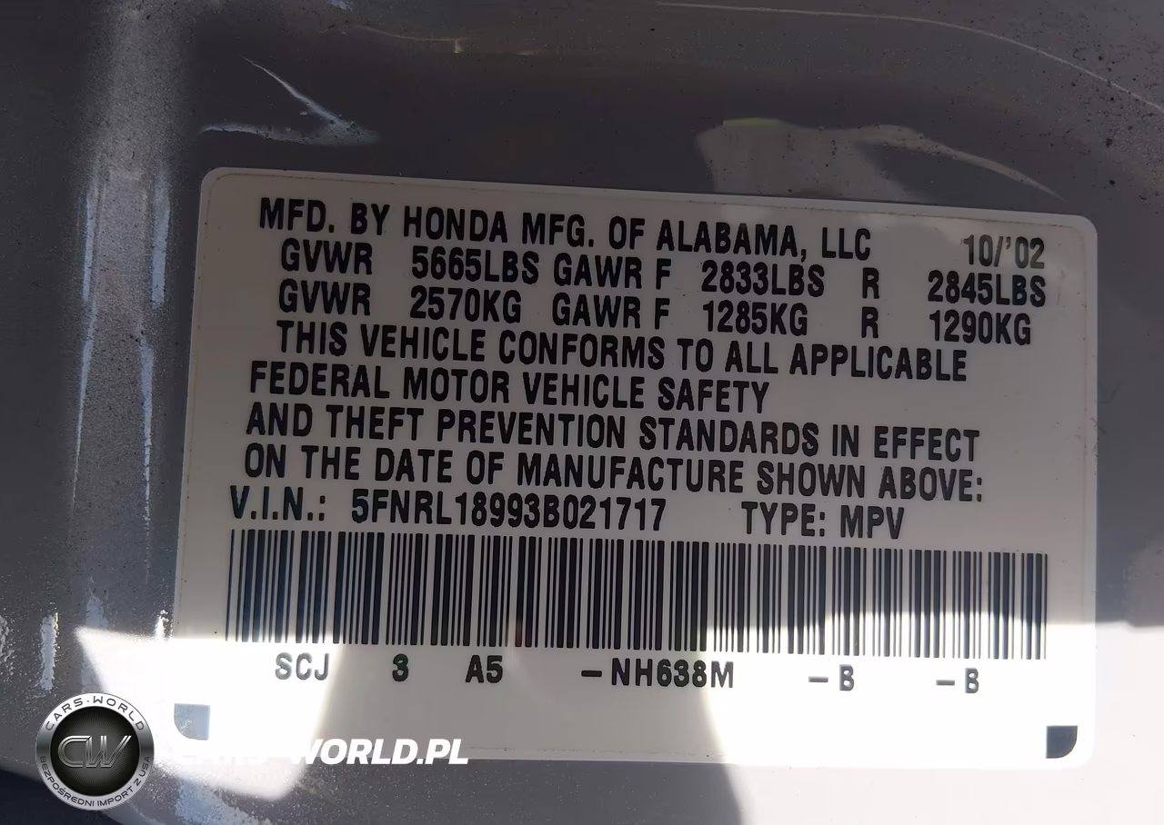 2003 Honda Odyssey Ex-L VIN:5FNRL18993B021717 - 9