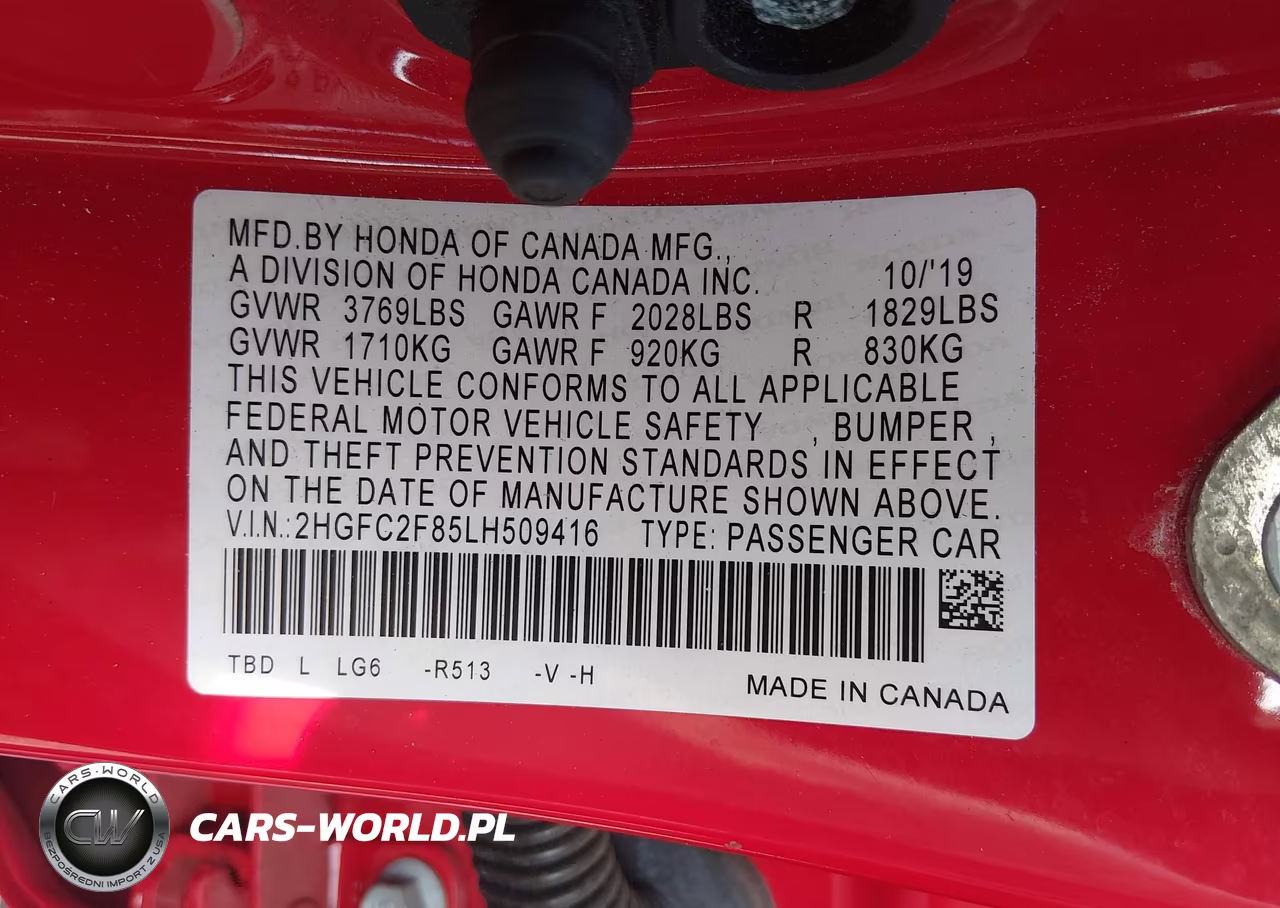2020 Honda Civic Sport VIN:2HGFC2F85LH509416 - 9