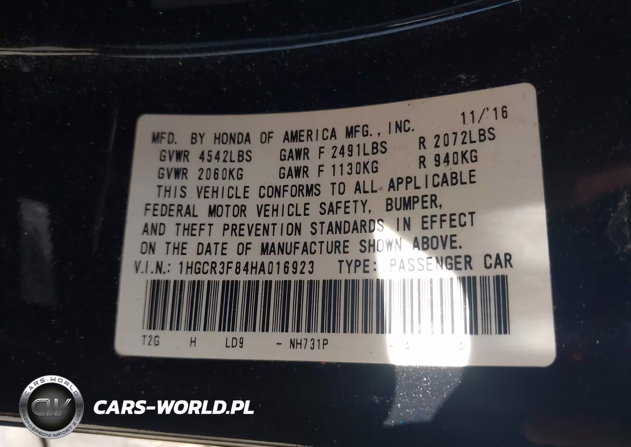2017 Honda Accord Ex-L V6 VIN:1HGCR3F84HA016923 - 9