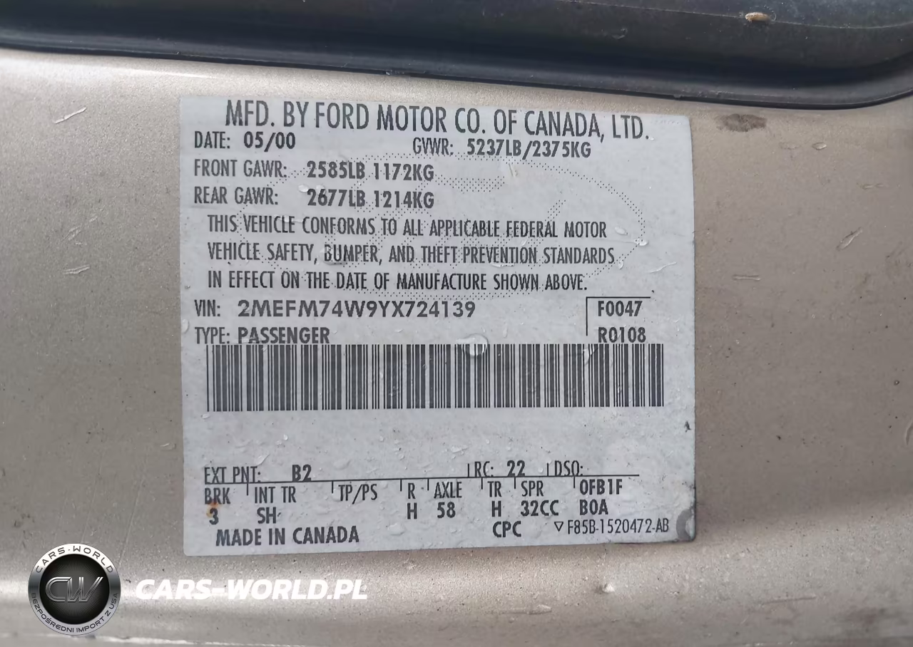 2000 Mercury Grand Marquis Gs VIN:2MEFM74W9YX724139 - 9