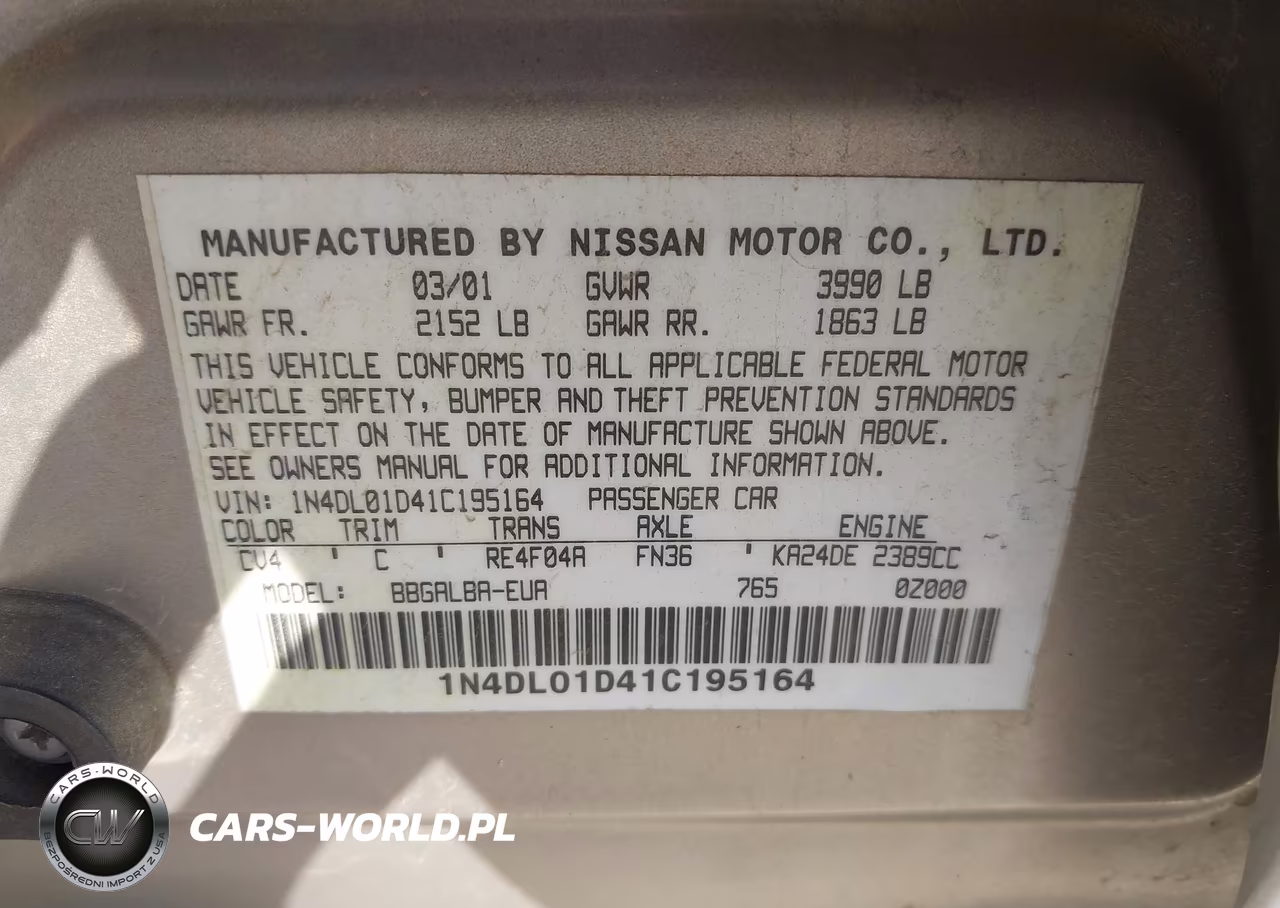 2001 Nissan Altima Gxe VIN:1N4DL01D41C195164 - 9