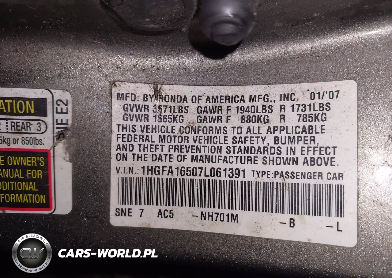 2007 Honda Civic Lx VIN:1HGFA16507L061391 - 9