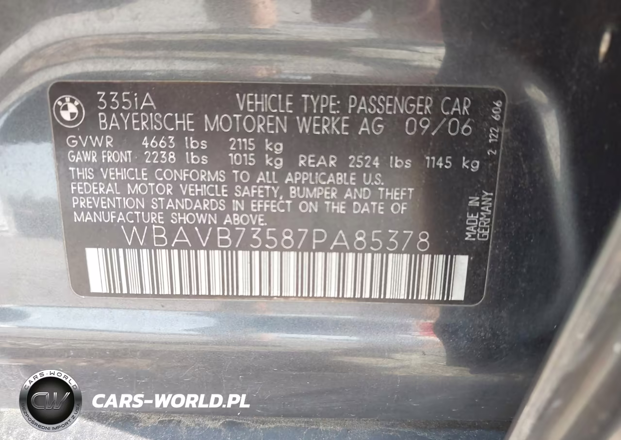 2007 BMW 335I VIN:WBAVB73587PA85378 - 9