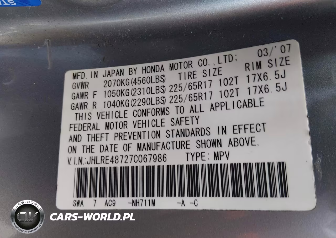 2007 Honda Cr-V Ex-L VIN:JHLRE48727C067986 - 9