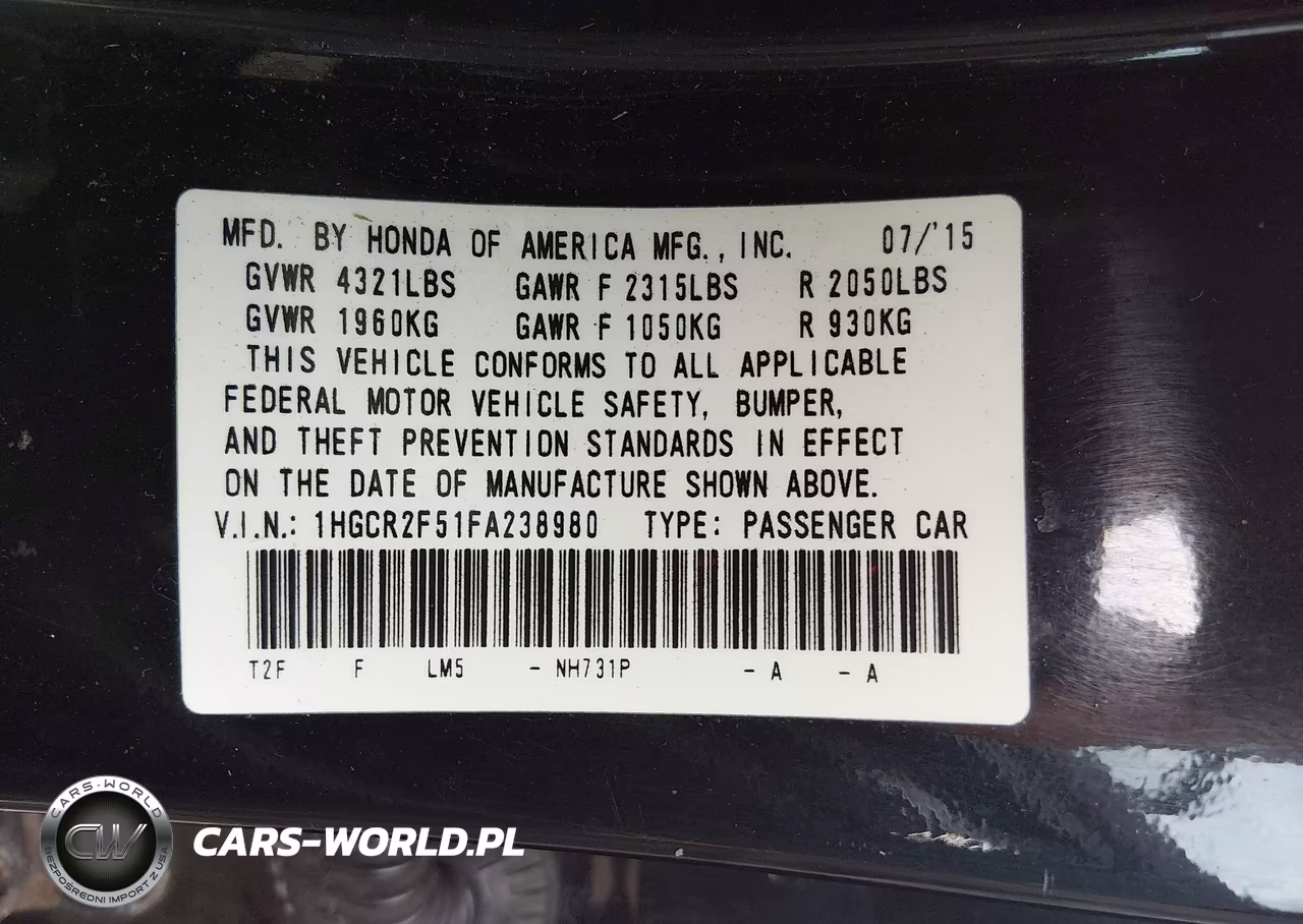 2015 Honda Accord Sport VIN:1HGCR2F51FA238980 - 9
