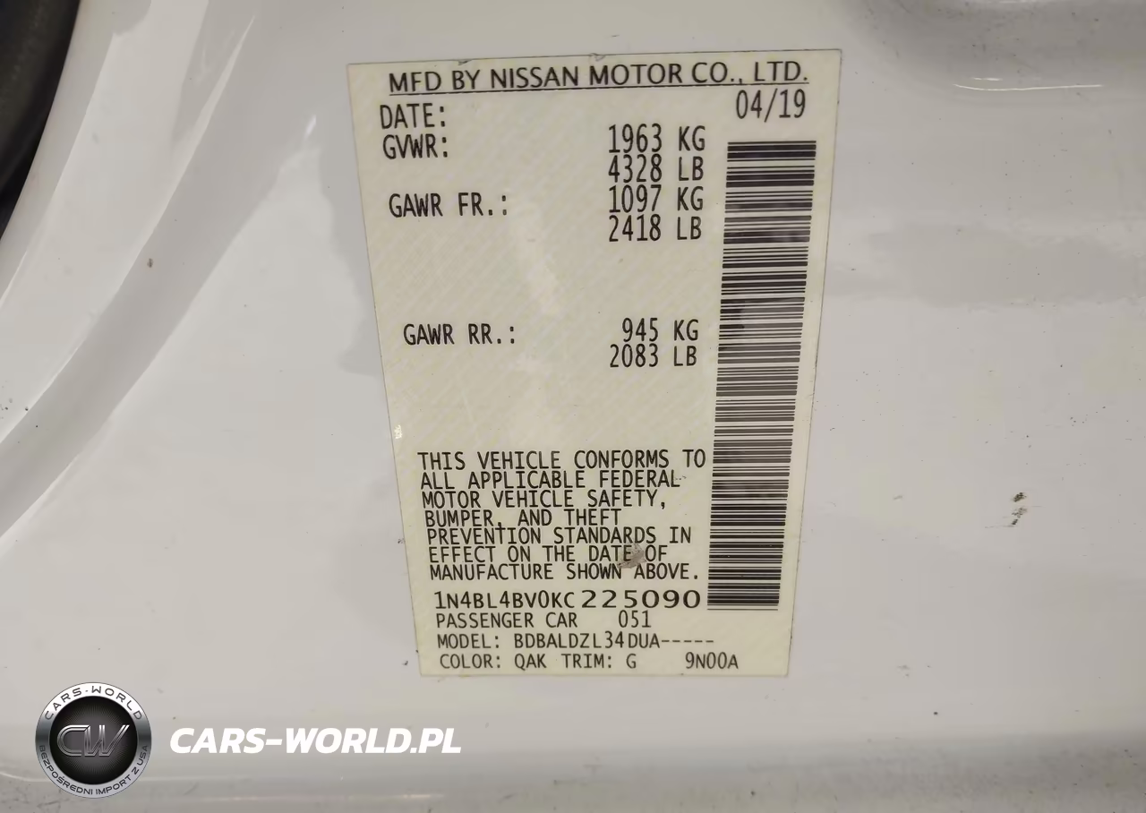 2019 Nissan Altima 2.5 S VIN:1N4BL4BV0KC225090 - 9