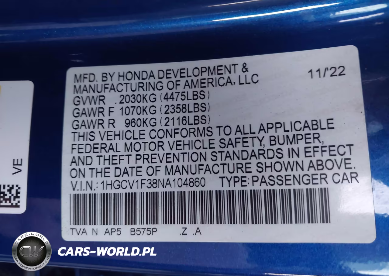 2022 Honda Accord Sport VIN:1HGCV1F38NA104860 - 9