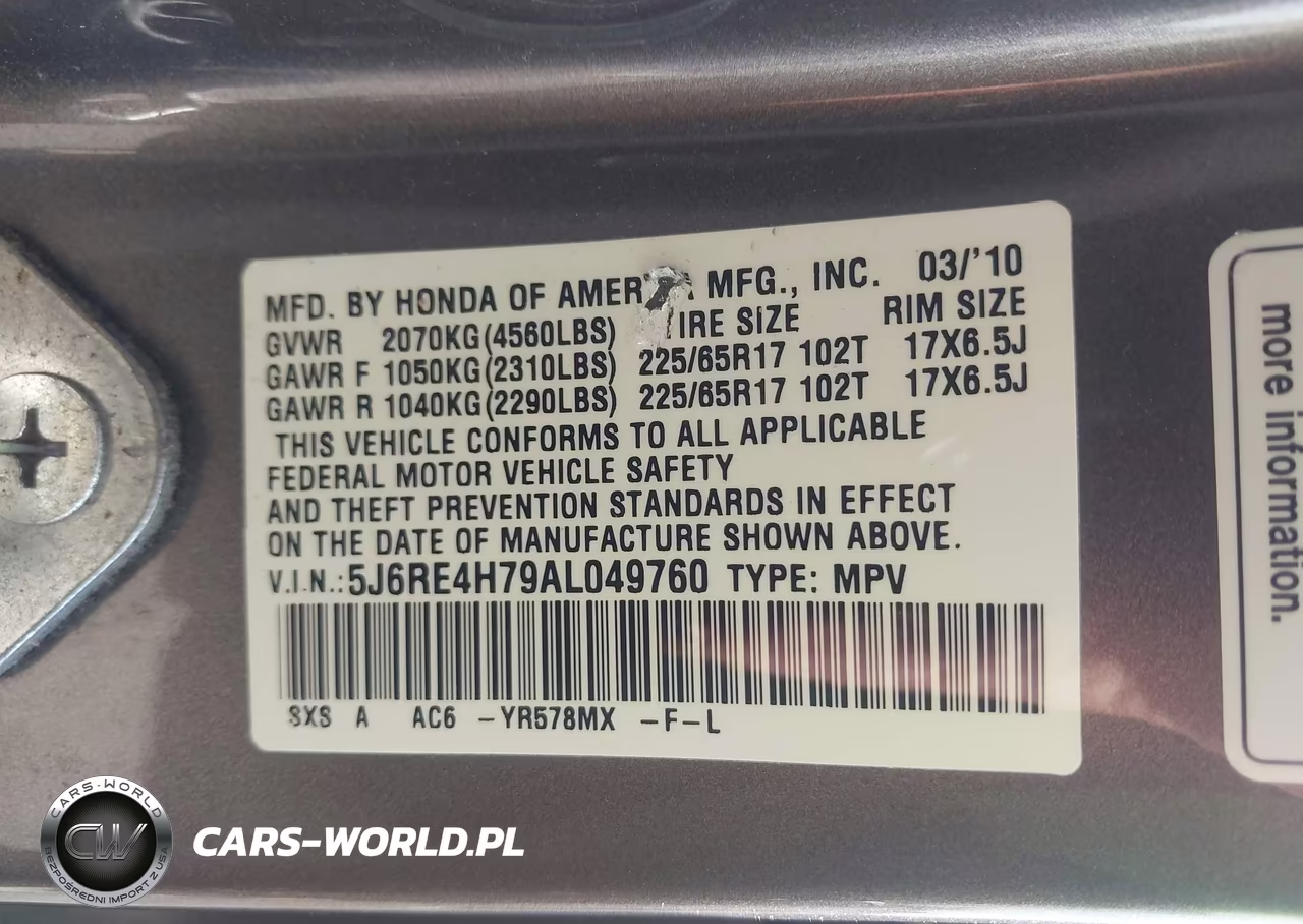 2010 Honda Cr-V Ex-L VIN:5J6RE4H79AL049760 - 9
