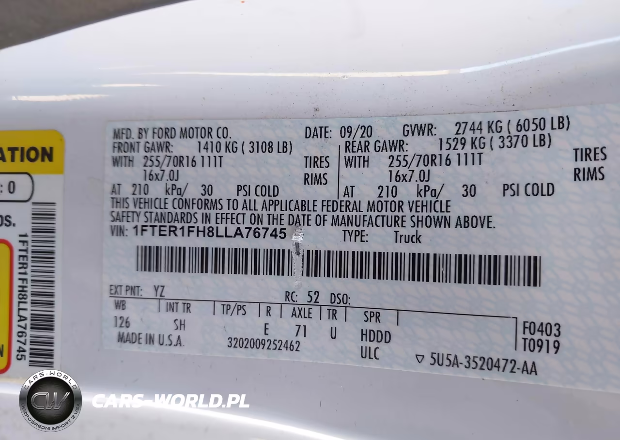 2020 Ford Ranger Xl VIN:1FTER1FH8LLA76745 - 9
