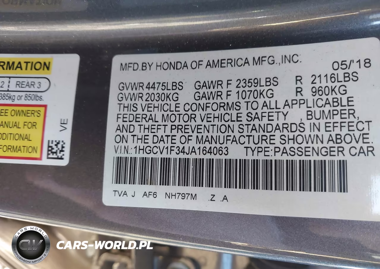 2018 Honda Accord Sport VIN:1HGCV1F34JA164063 - 9