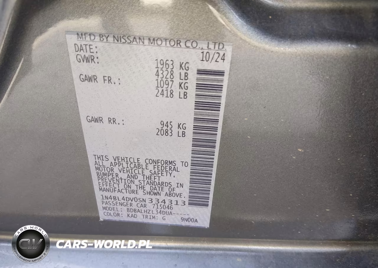 2025 Nissan Altima Sv Fwd VIN:1N4BL4DV0SN334313 - 9