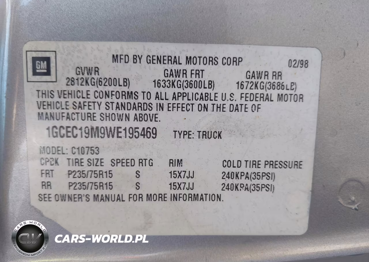 1998 Chevrolet C1500 Fleetside Cmi VIN:1GCEC19M9WE195469 - 9