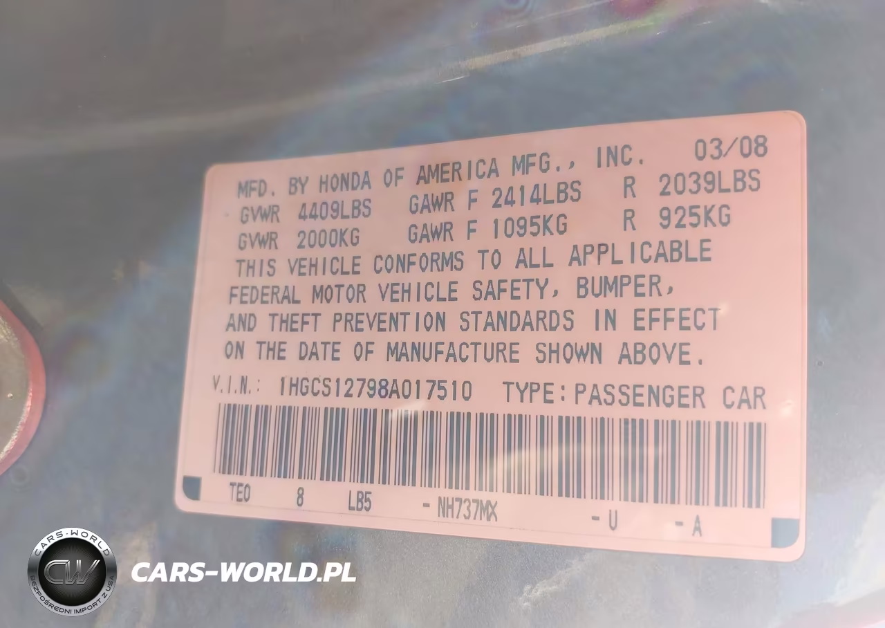 2008 Honda Accord 2.4 Ex VIN:1HGCS12798A017510 - 9
