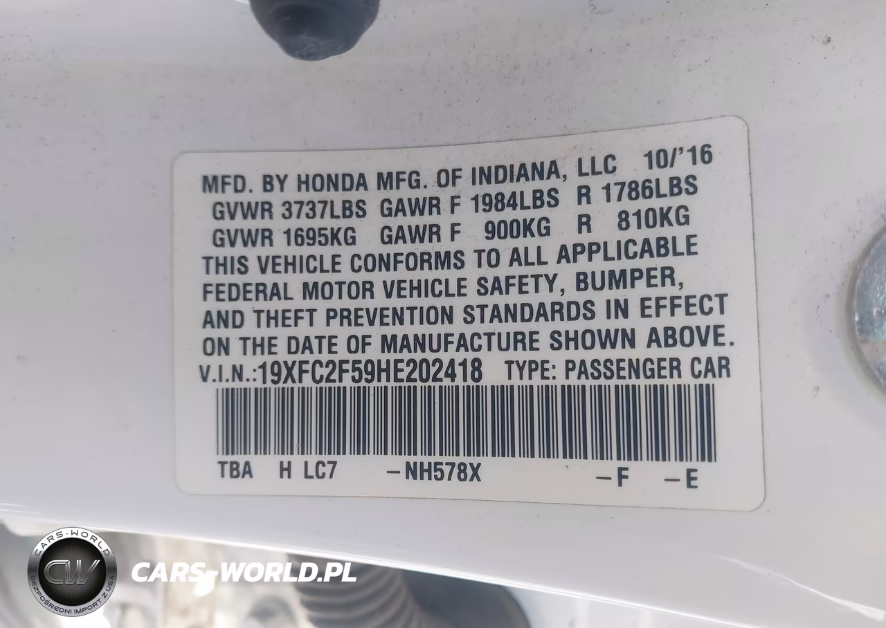 2017 Honda Civic Lx VIN:19XFC2F59HE202418 - 9