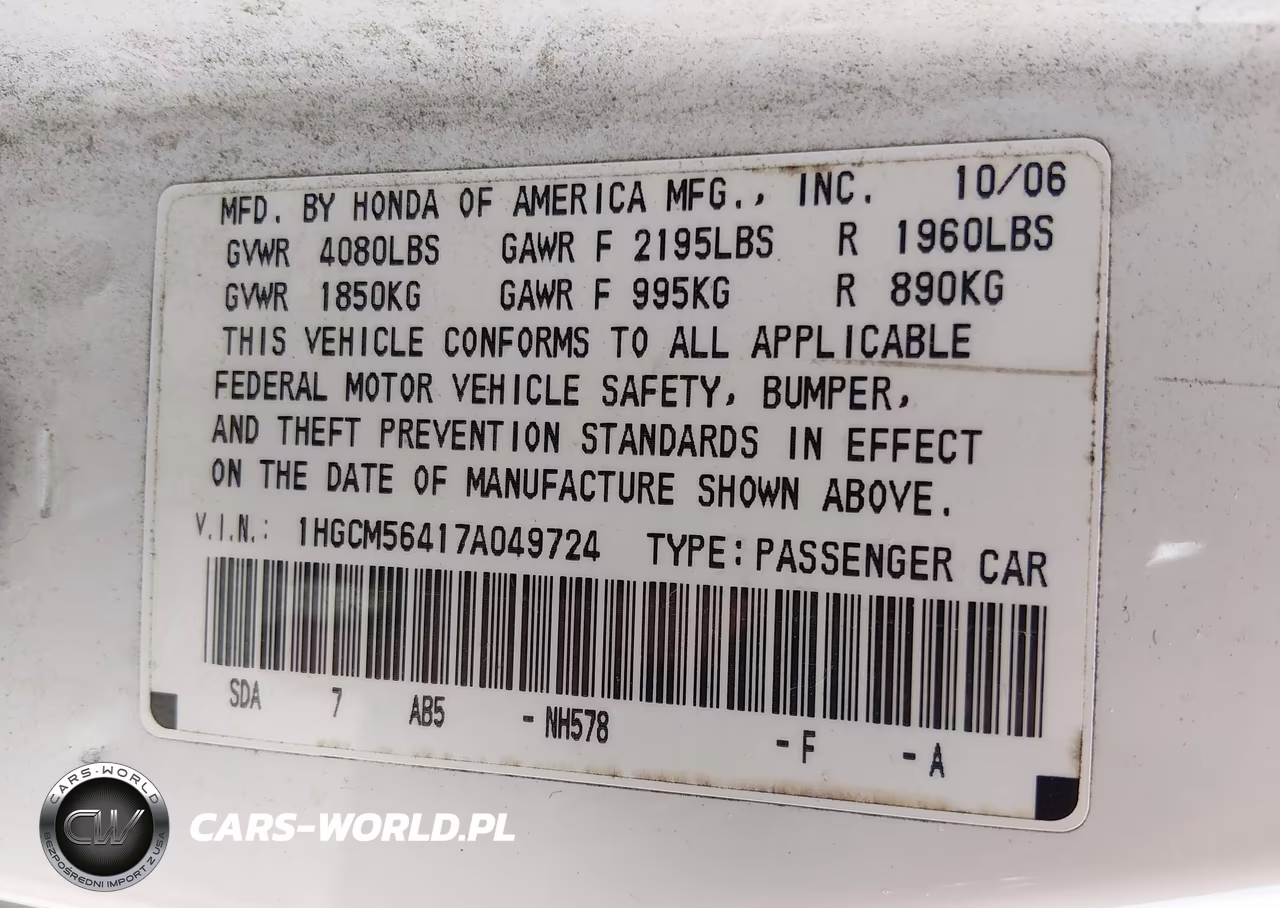2007 Honda Accord 2.4 Lx VIN:1HGCM56417A049724 - 9