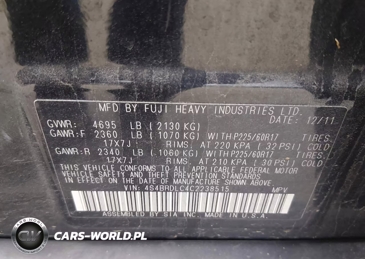 2012 Subaru Outback 3.6R Limited VIN:4S4BRDLC4C2238515 - 9