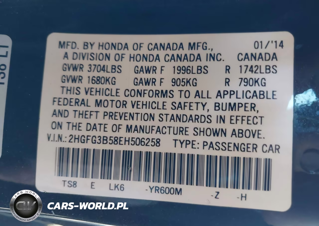 2014 Honda Civic Lx VIN:2HGFG3B58EH506258 - 9
