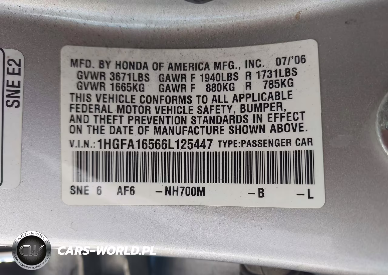 2006 Honda Civic Lx VIN:1HGFA16566L125447 - 9