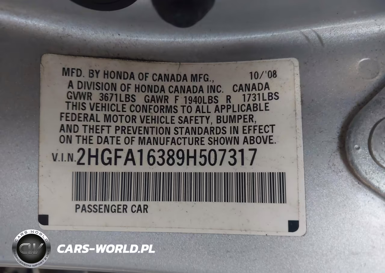 2009 Honda Civic Vp VIN:2HGFA16389H507317 - 9