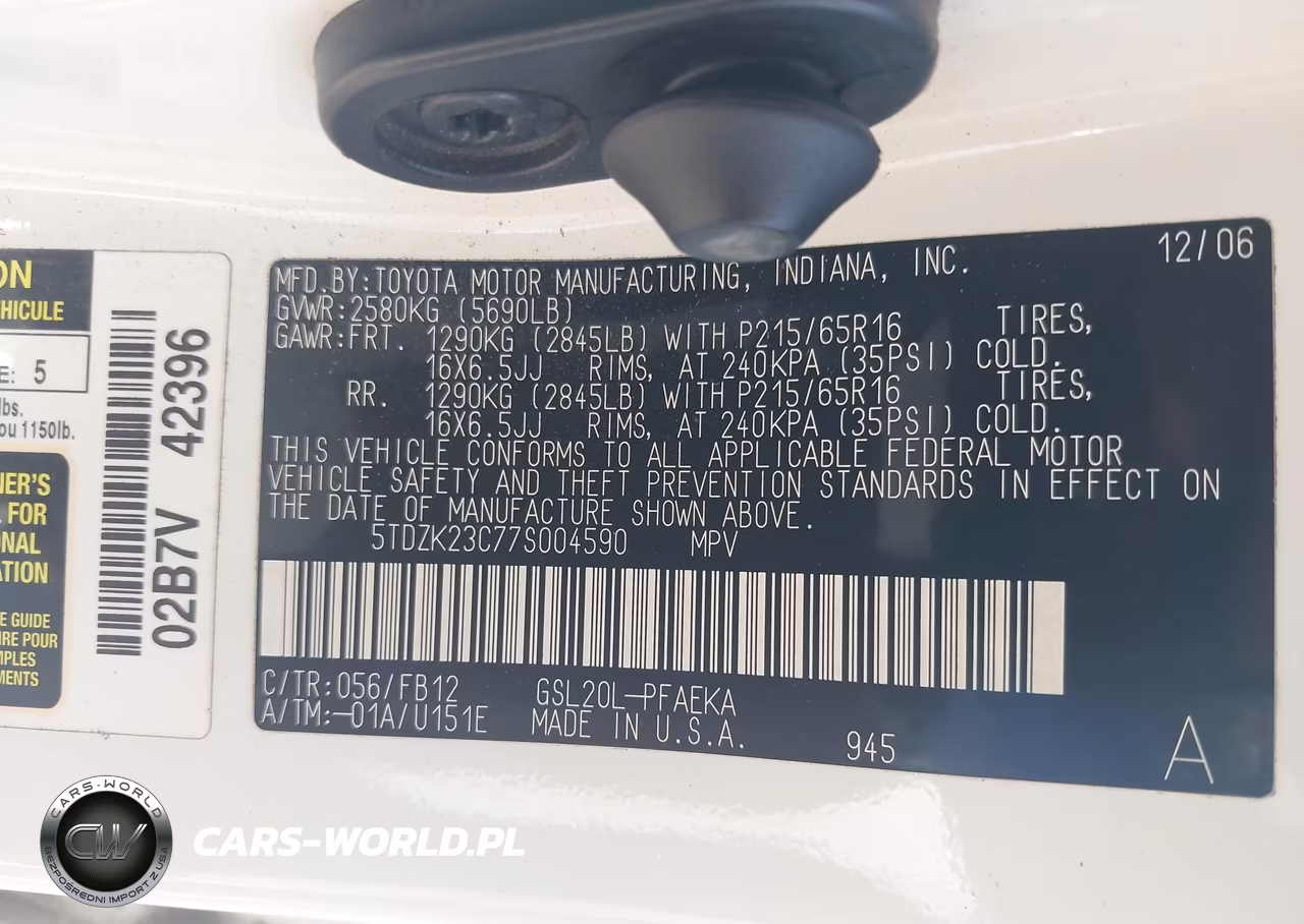 2007 Toyota Sienna Ce VIN:5TDZK23C77S004590 - 9