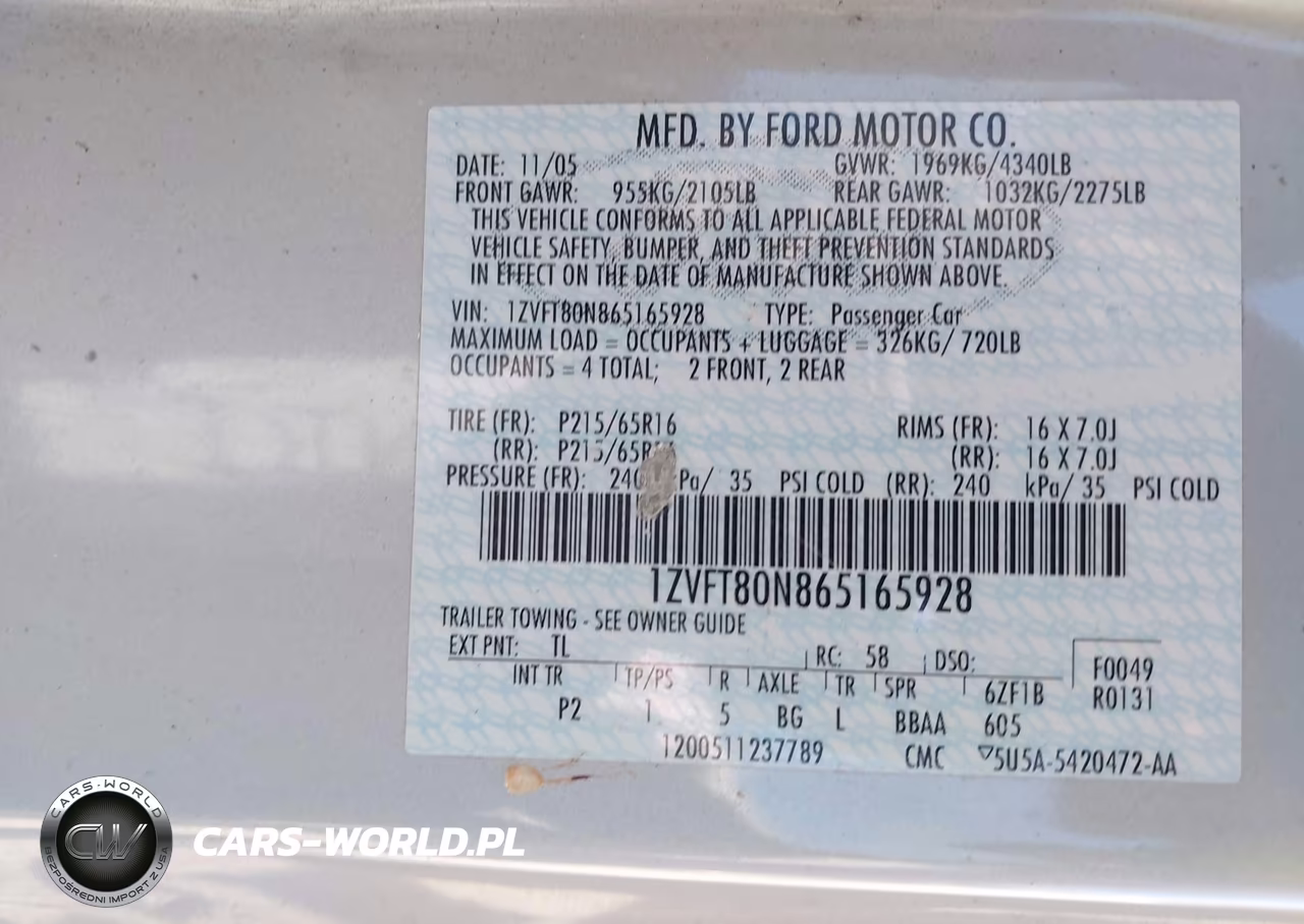 2006 Ford Mustang V6 VIN:1ZVFT80N865165928 - 9