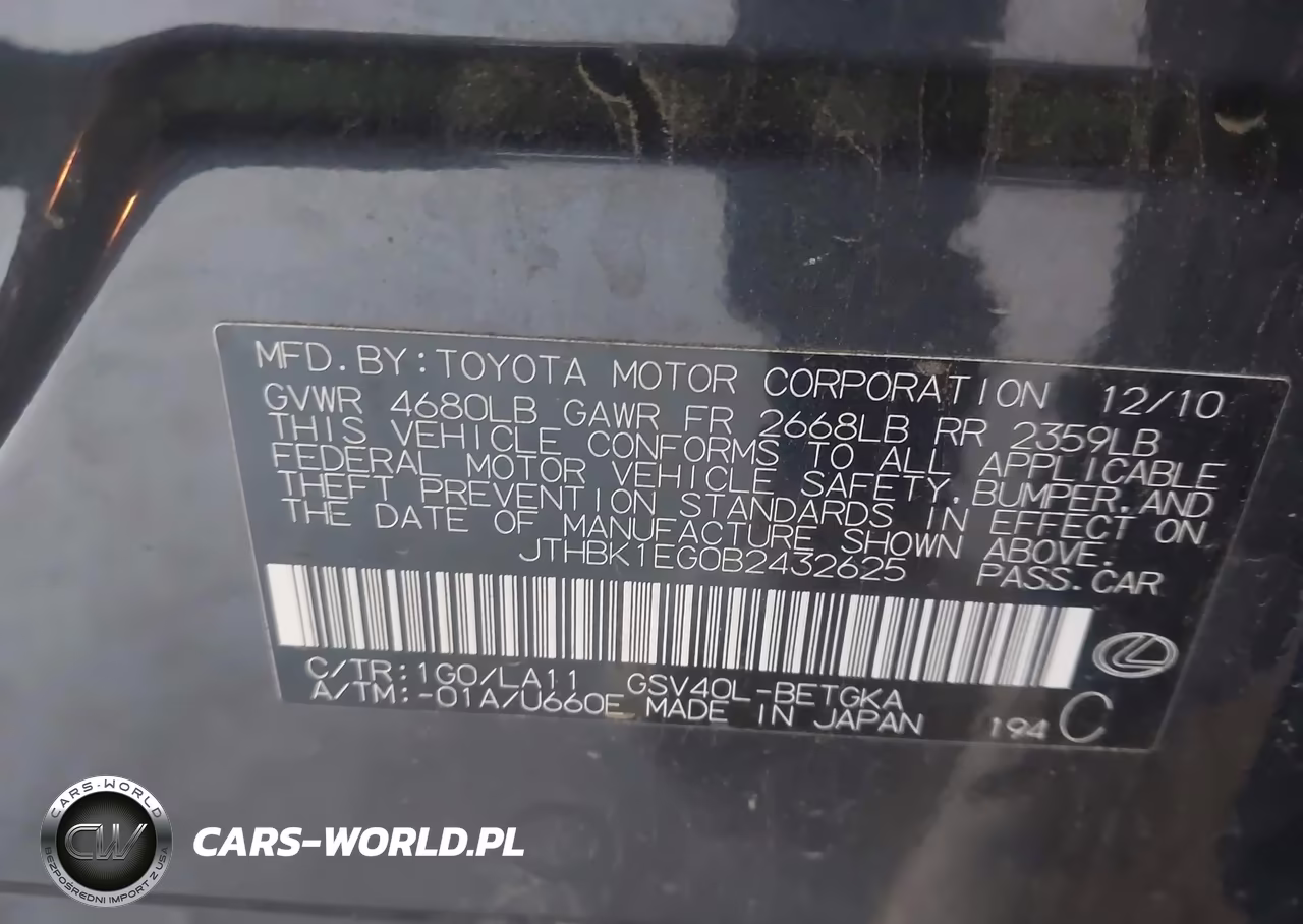 2011 Lexus Es 350 VIN:JTHBK1EG0B2432625 - 9
