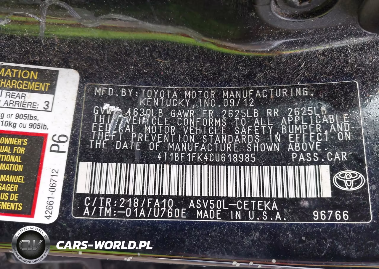 2012 Toyota Camry L VIN:4T1BF1FK4CU618985 - 9