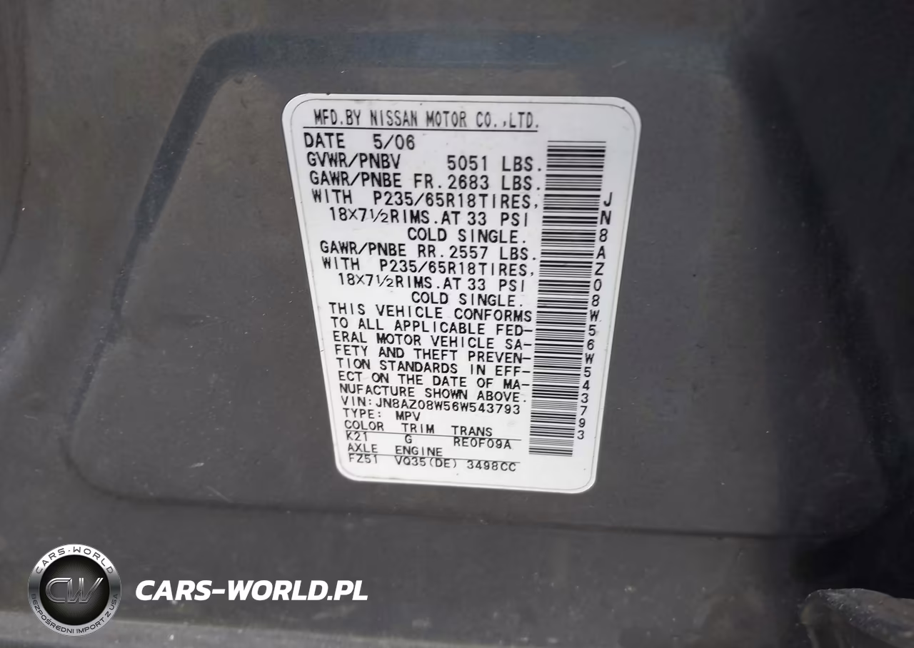 2006 Nissan Murano Sl VIN:JN8AZ08W56W543793 - 9