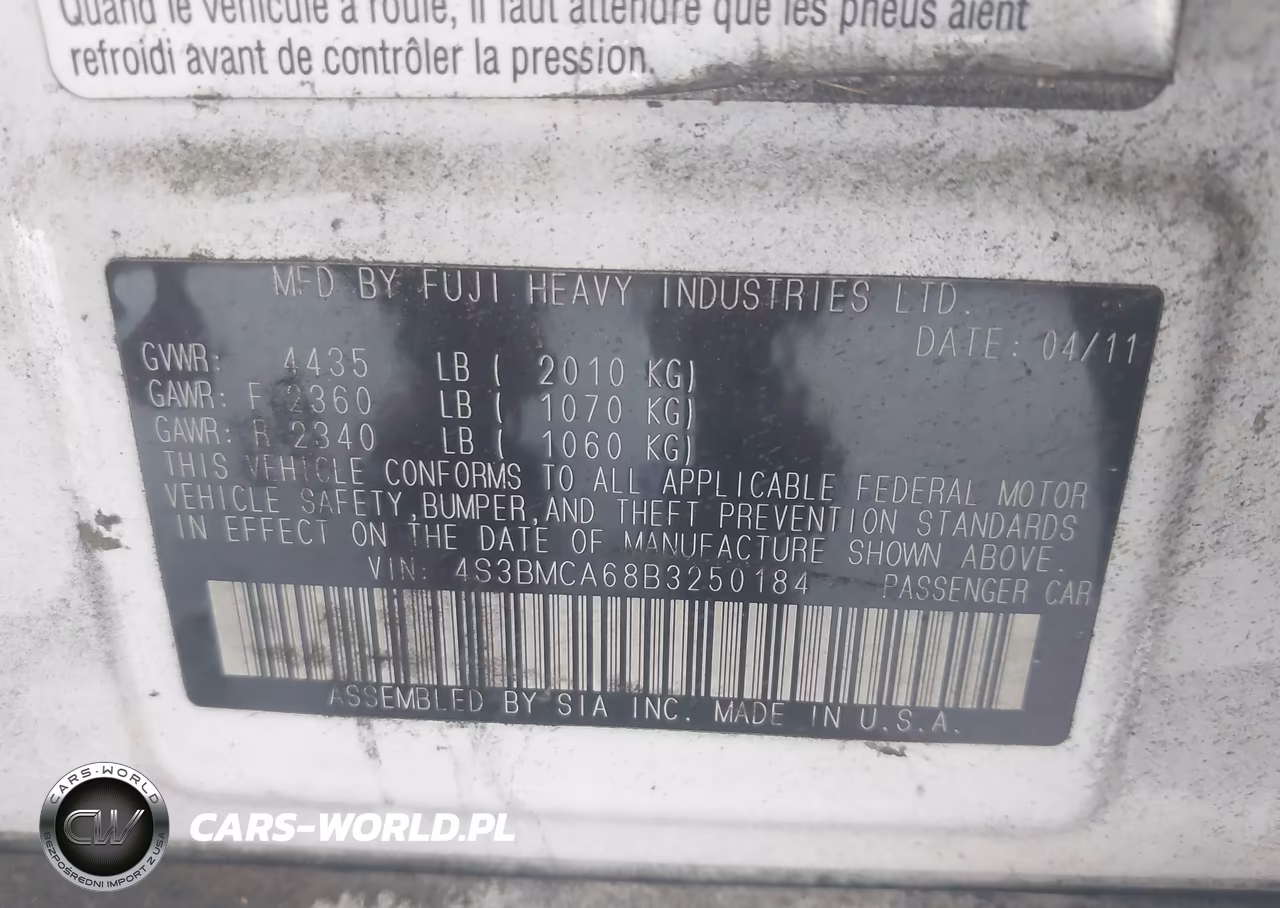 2011 Subaru Legacy 2.5I VIN:4S3BMCA68B3250184 - 9