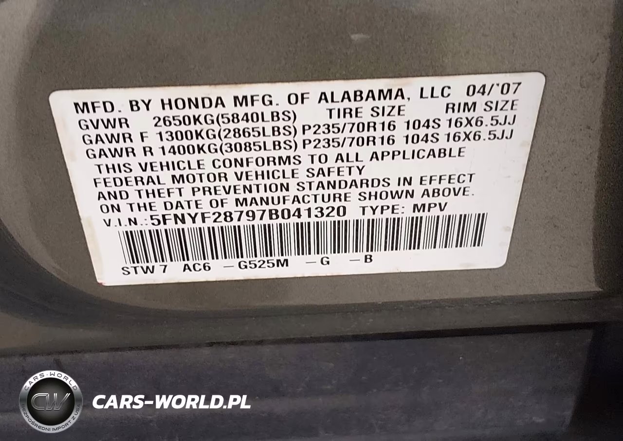 2007 Honda Pilot Ex-L VIN:5FNYF28797B041320 - 9