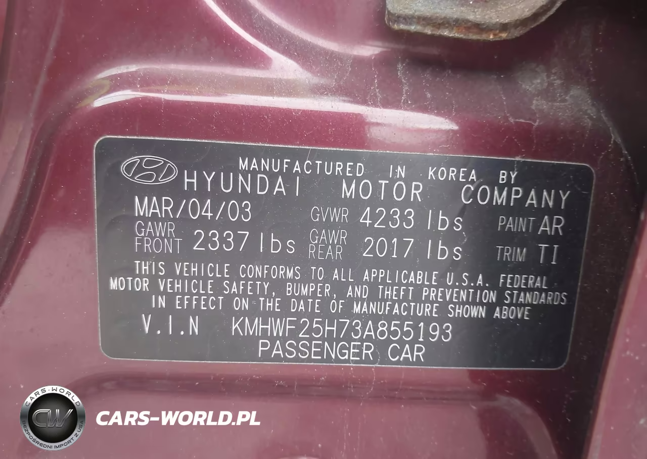 2003 Hyundai Sonata Base W-2.7L V6 VIN:KMHWF25H73A855193 - 9